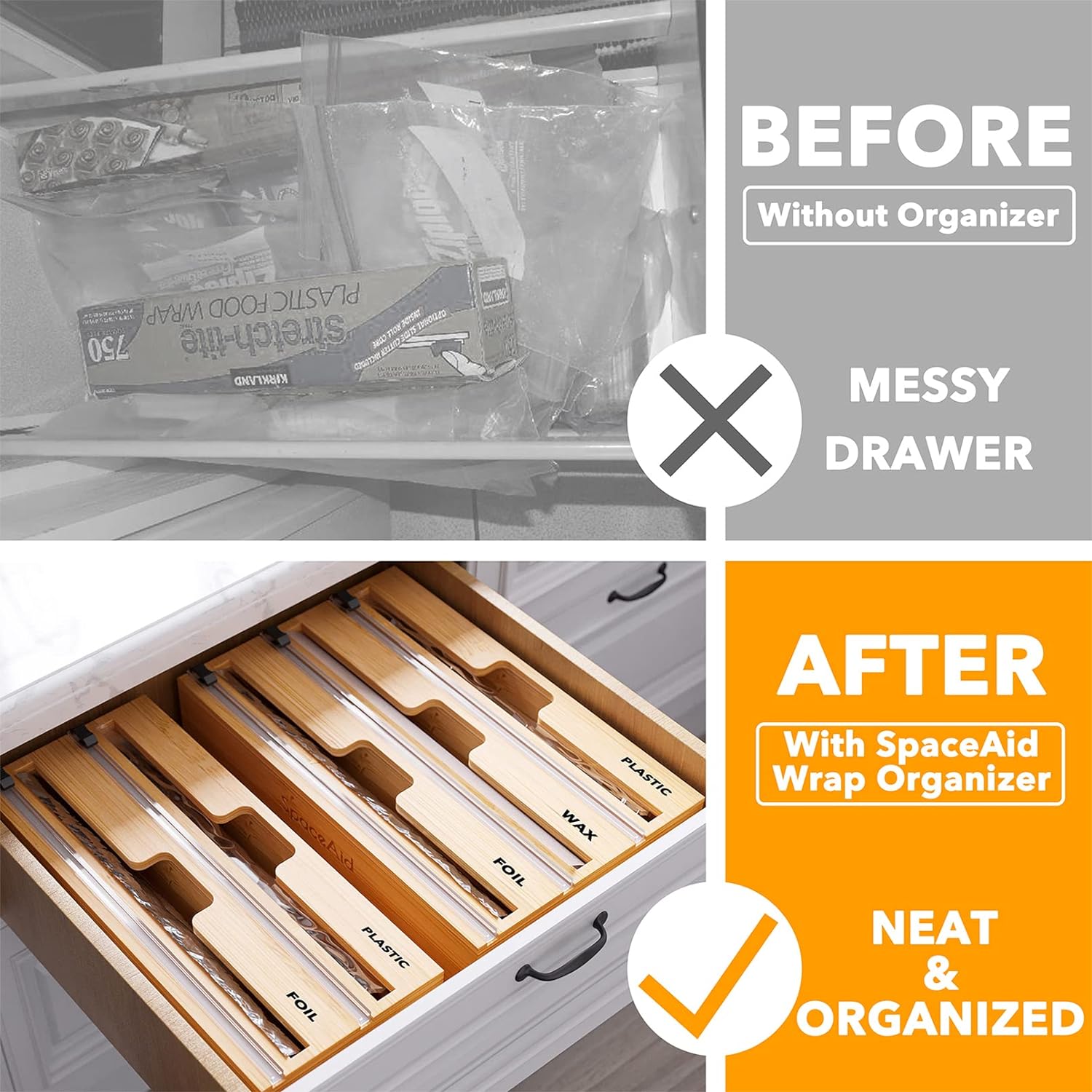 Wrap Organizer with Cutter and Labels, Plastic Wrap, Aluminum Foil and Wax Bamboo Dispenser, Storage Organization Holder -2 in 1 (12 Wrap Organizer with Cutter and Labels, Plastic Wrap, Aluminum Foil and Wax Bamboo Dispenser, Storage Organization Holder -2 in 1 (12